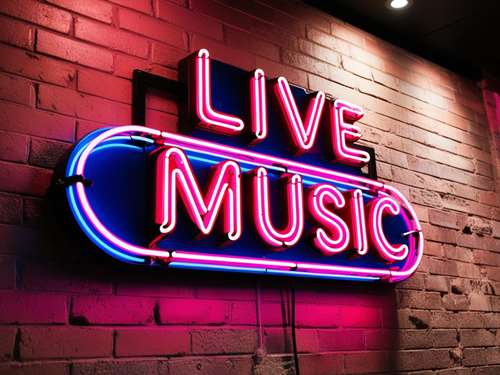 neon sign that reads "Live music" on a brickwall