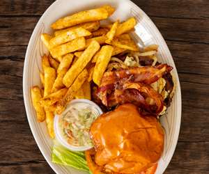 House Burger with French Fries and Coleslaw